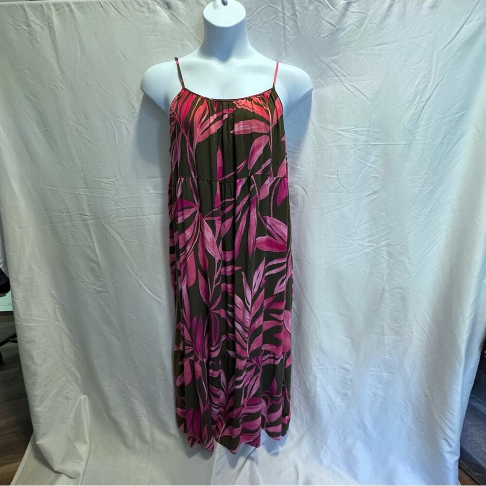 Time and Tru XXL Maxi Dress Olive Pink Tropical Leaf Floral Tiered Cami Sundress
